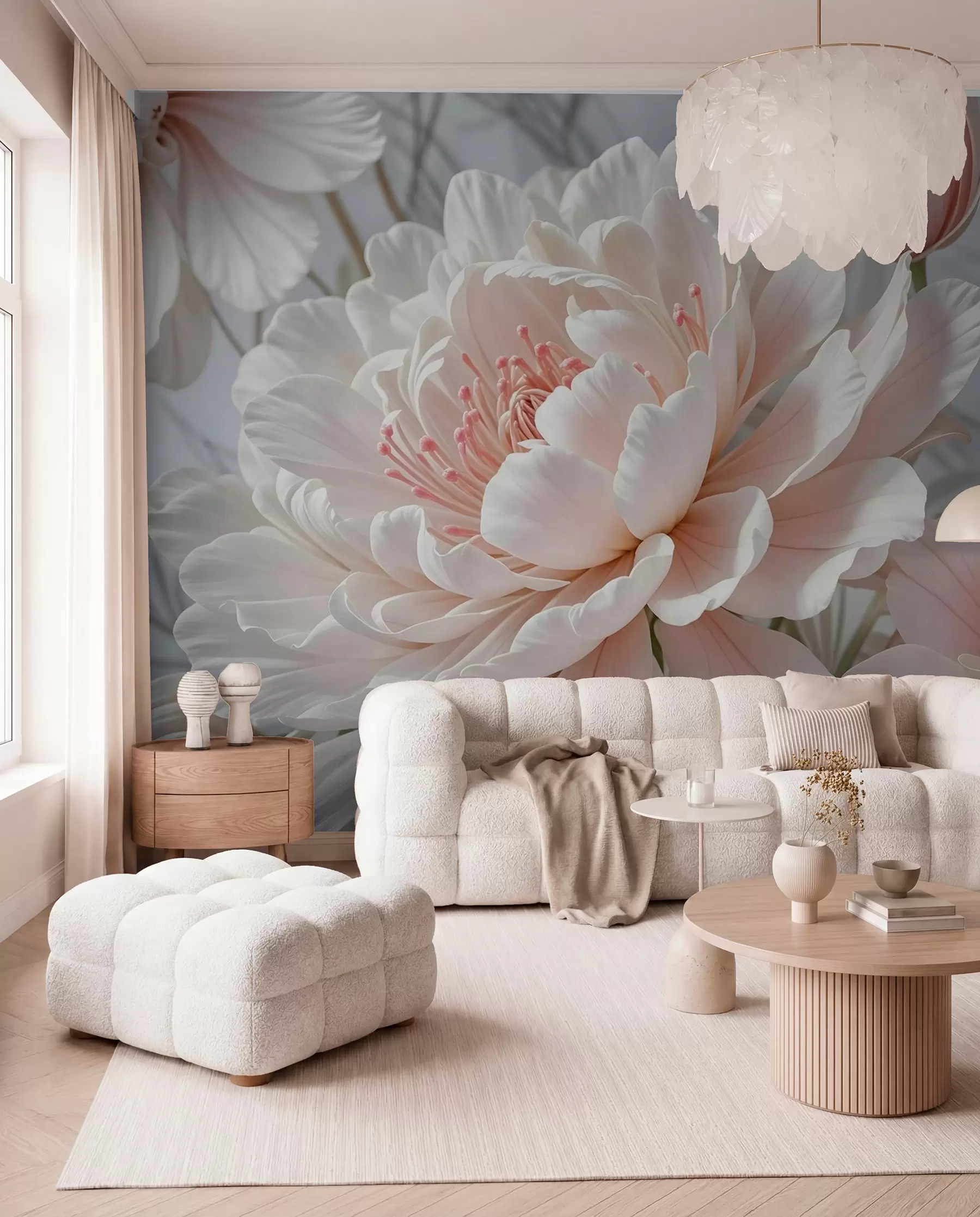 murais de parede Grandes e delicadas flores de peónia brancas e cor-de-rosa com pétalas macias e fofas sobre um fundo cinzento esbatido w08427