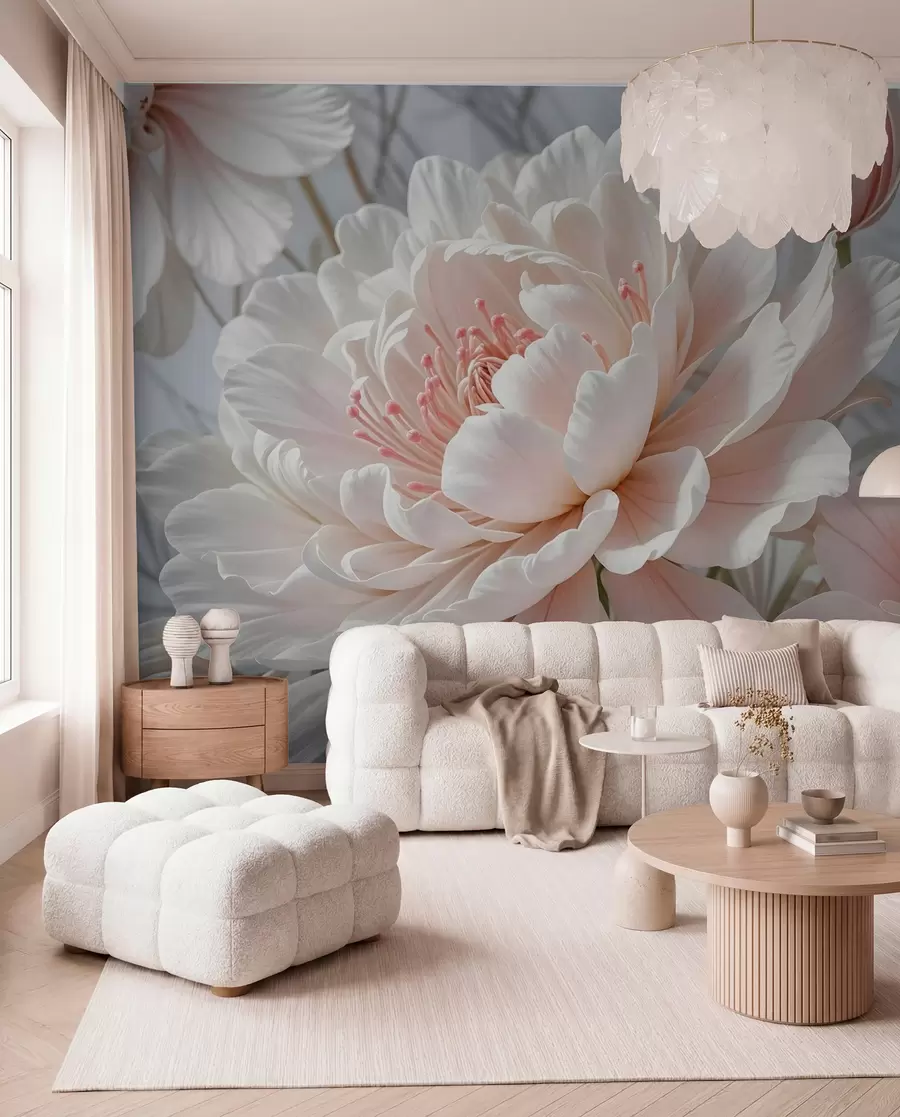 murais de parede Grandes e delicadas flores de peónia brancas e cor-de-rosa com pétalas macias e fofas sobre um fundo cinzento esbatido w08427