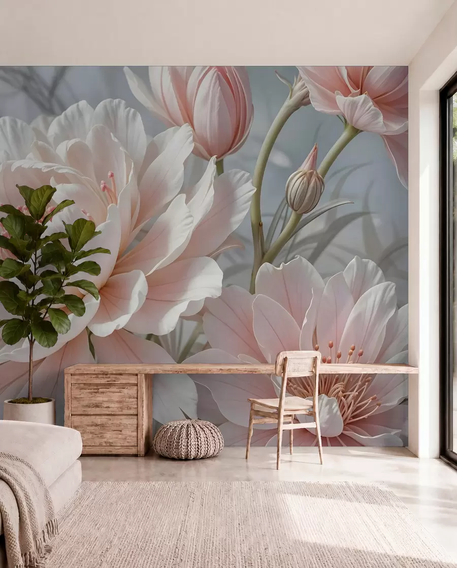 murais de parede Grandes e delicadas flores de peónia brancas e cor-de-rosa com pétalas macias e fofas sobre um fundo cinzento esbatido w08427