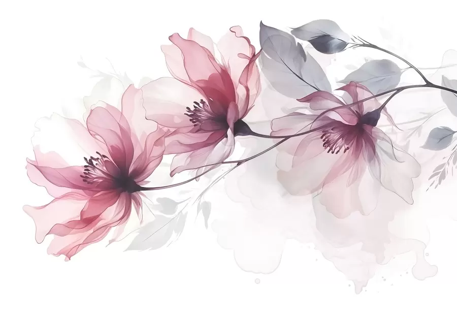 murais de parede Delicadas flores transparentes cor-de-rosa e cinzentas com pétalas suaves e desfocadas sobre fundo branco w08429