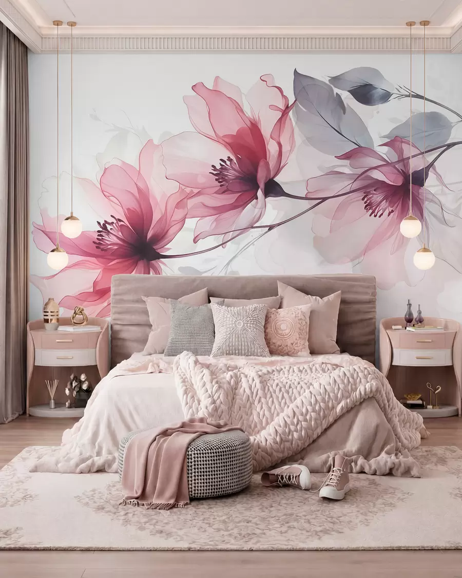 murais de parede Delicadas flores transparentes cor-de-rosa e cinzentas com pétalas suaves e desfocadas sobre fundo branco w08429