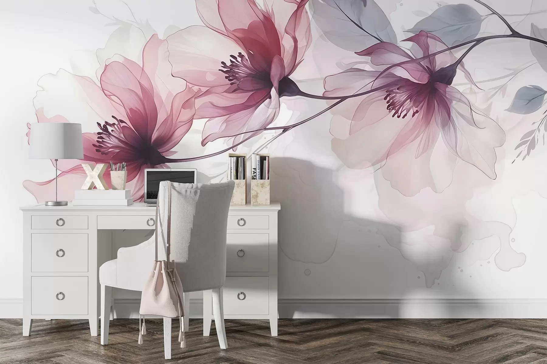 murais de parede Delicadas flores transparentes cor-de-rosa e cinzentas com pétalas suaves e desfocadas sobre fundo branco w08429