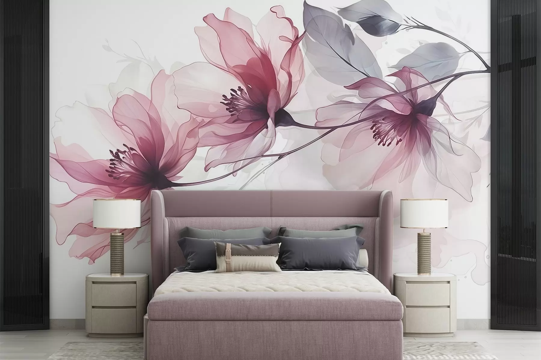 murais de parede Delicadas flores transparentes cor-de-rosa e cinzentas com pétalas suaves e desfocadas sobre fundo branco w08429