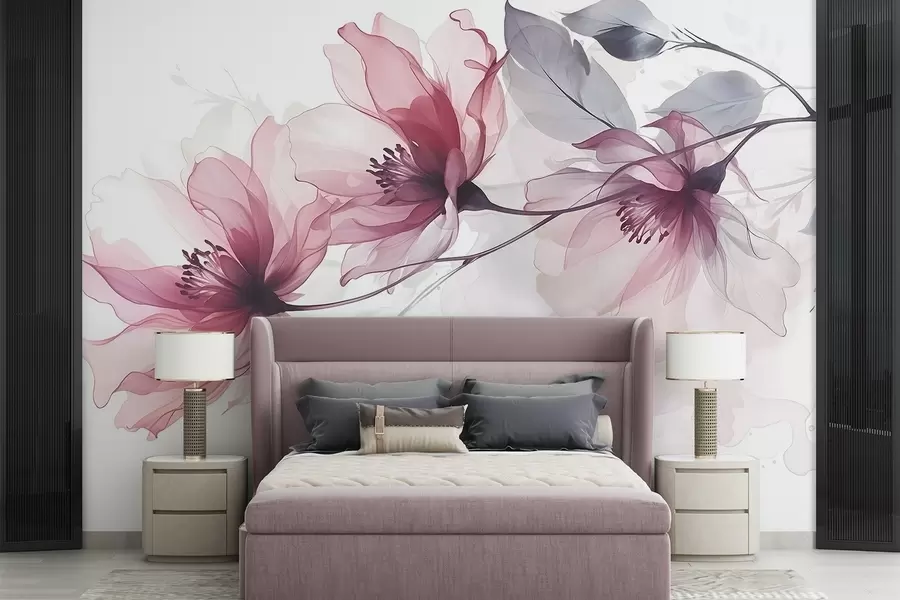 murais de parede Delicadas flores transparentes cor-de-rosa e cinzentas com pétalas suaves e desfocadas sobre fundo branco w08429