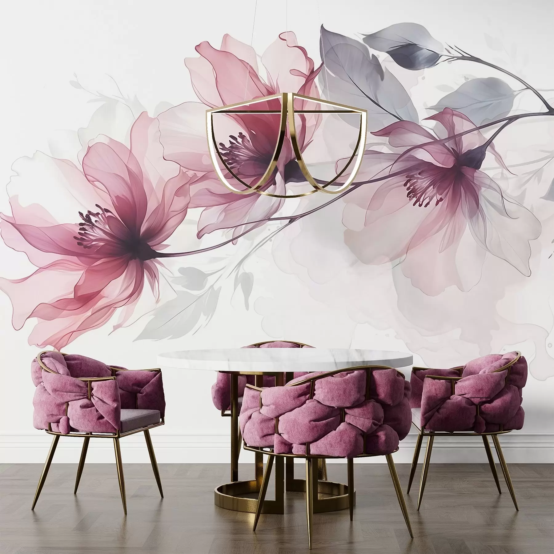 murais de parede Delicadas flores transparentes cor-de-rosa e cinzentas com pétalas suaves e desfocadas sobre fundo branco w08429