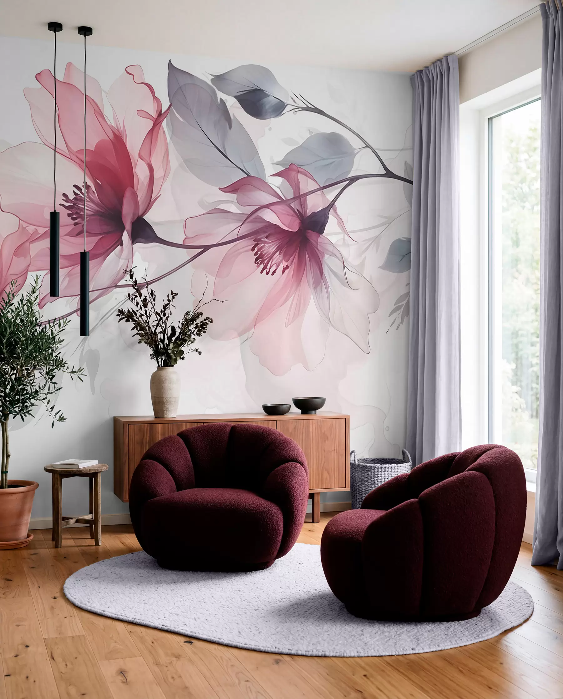 murais de parede Delicadas flores transparentes cor-de-rosa e cinzentas com pétalas suaves e desfocadas sobre fundo branco w08429