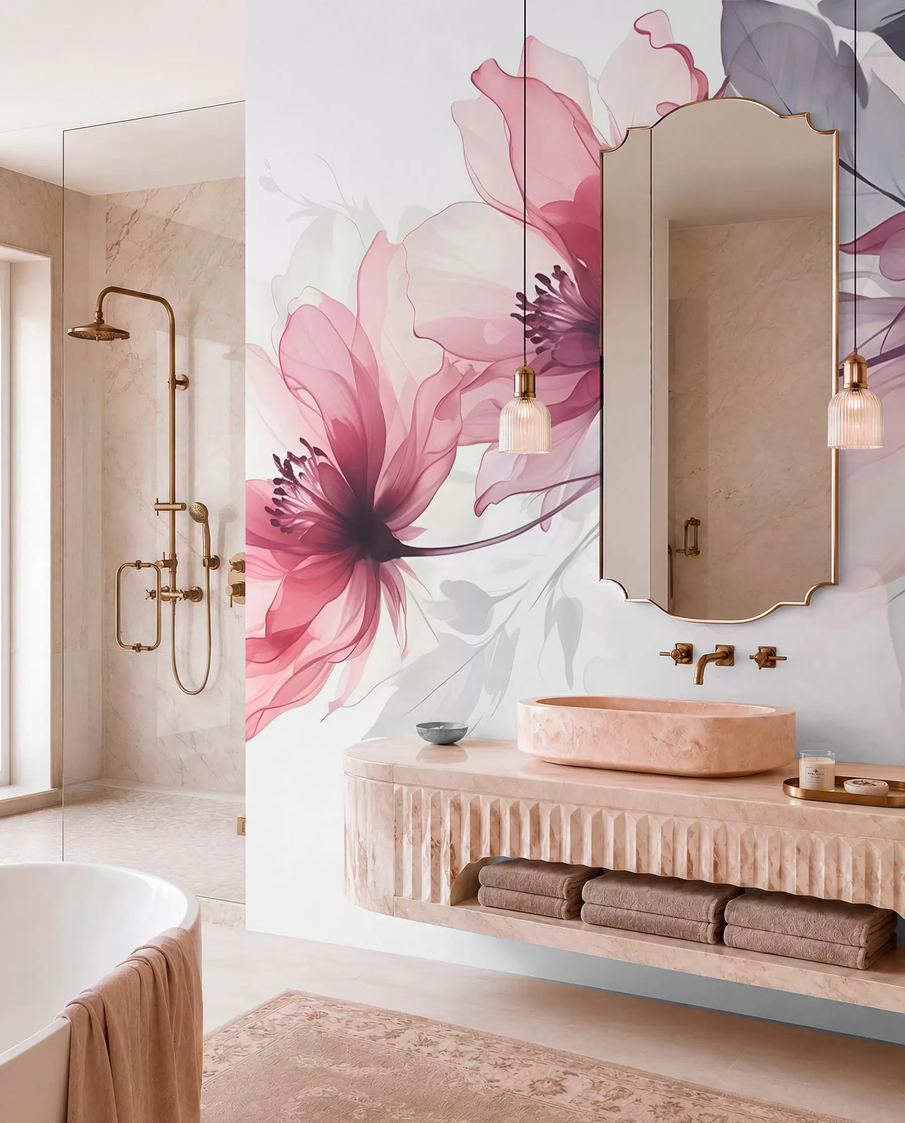 murais de parede Delicadas flores transparentes cor-de-rosa e cinzentas com pétalas suaves e desfocadas sobre fundo branco w08429