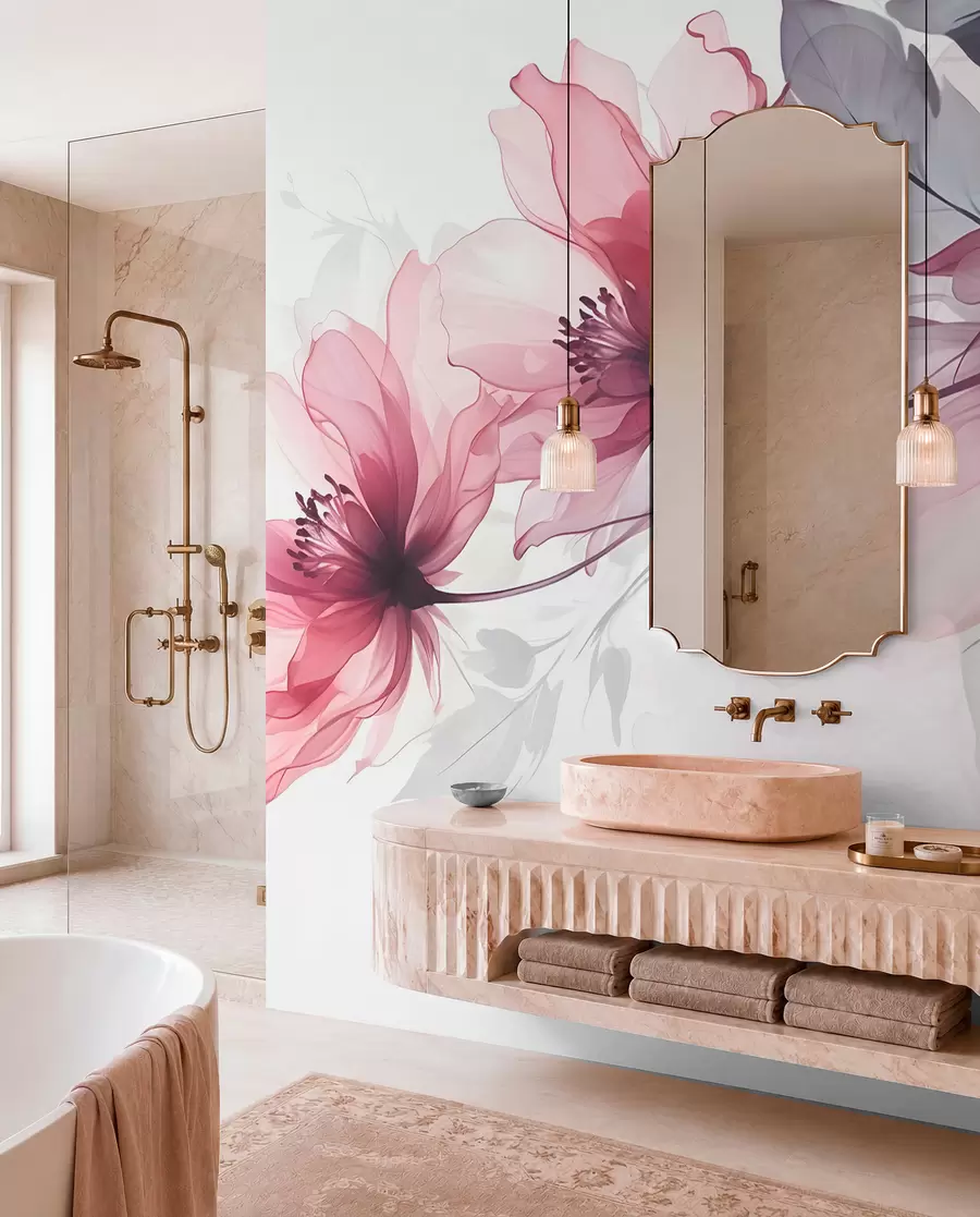 murais de parede Delicadas flores transparentes cor-de-rosa e cinzentas com pétalas suaves e desfocadas sobre fundo branco w08429