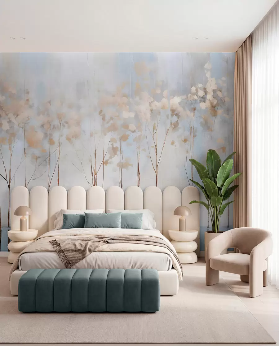 murais de parede Árvores nuas numa paisagem minimalista de inverno, em tons pastel abstractos e desfocados, com um fundo suave e enevoado w08430