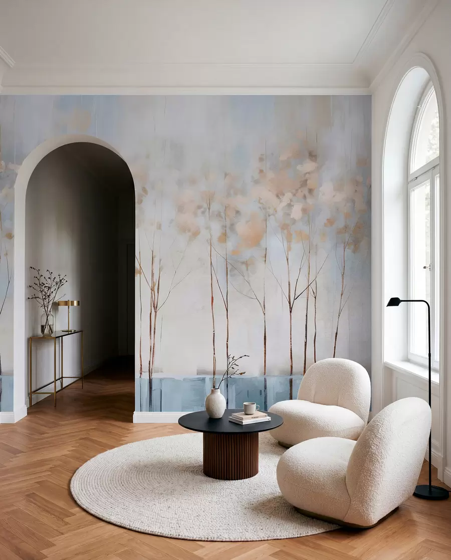 murais de parede Árvores nuas numa paisagem minimalista de inverno, em tons pastel abstractos e desfocados, com um fundo suave e enevoado w08430