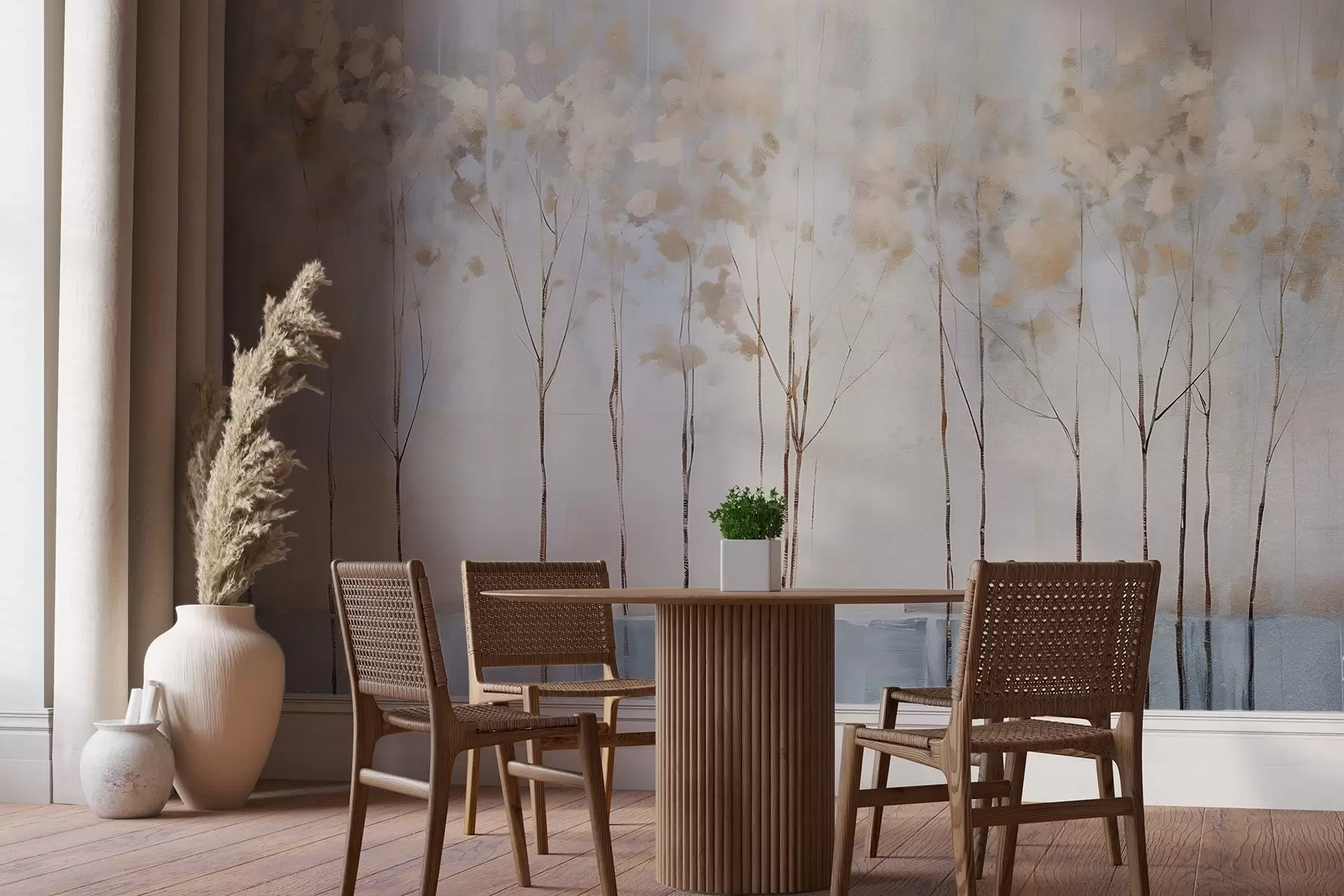 murais de parede Árvores nuas numa paisagem minimalista de inverno, em tons pastel abstractos e desfocados, com um fundo suave e enevoado w08430