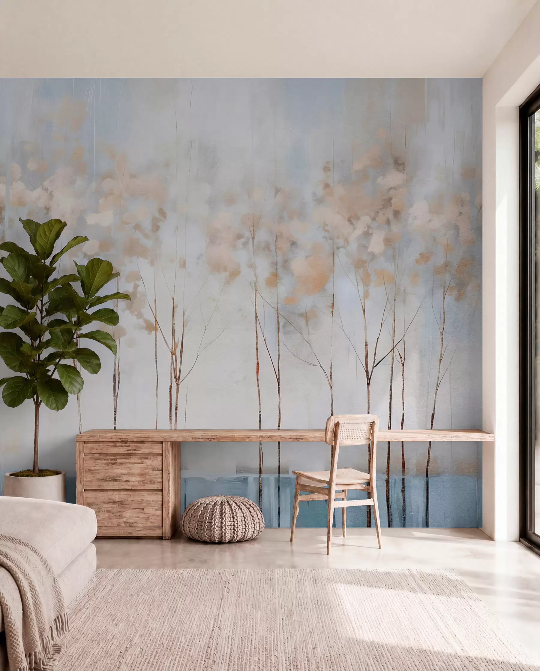 murais de parede Árvores nuas numa paisagem minimalista de inverno, em tons pastel abstractos e desfocados, com um fundo suave e enevoado w08430