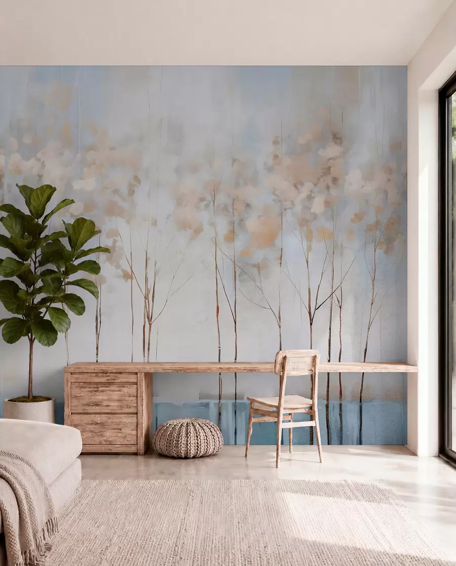 murais de parede Árvores nuas numa paisagem minimalista de inverno, em tons pastel abstractos e desfocados, com um fundo suave e enevoado w08430