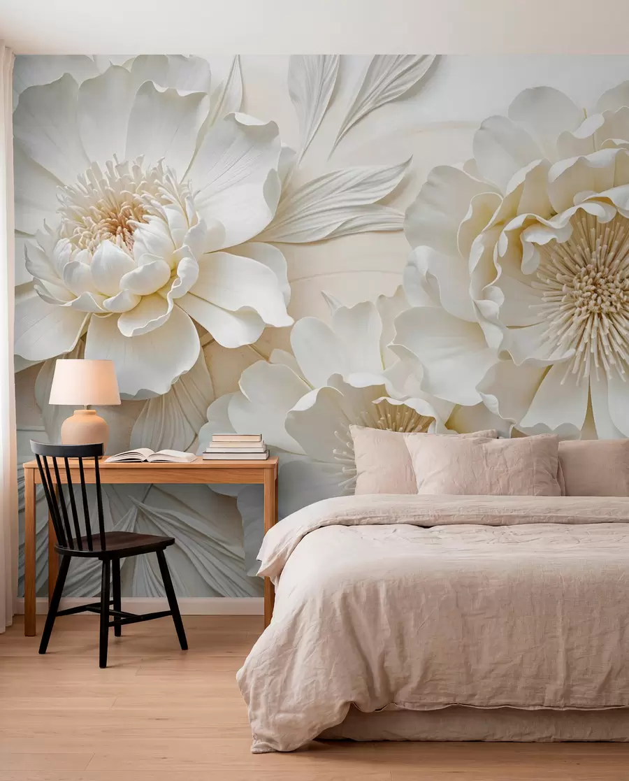 murais de parede Elegantes e volumosas flores de imitação de peónia branca com pétalas suaves e centros amarelos pastel, sobre um fundo claro w08431