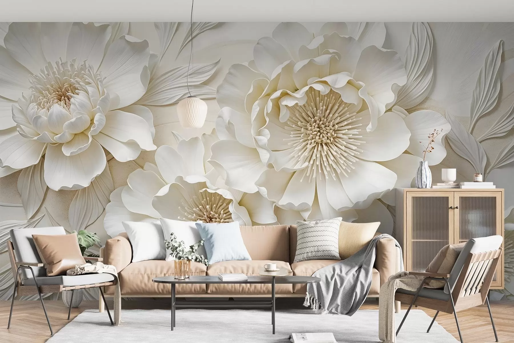murais de parede Elegantes e volumosas flores de imitação de peónia branca com pétalas suaves e centros amarelos pastel, sobre um fundo claro w08431