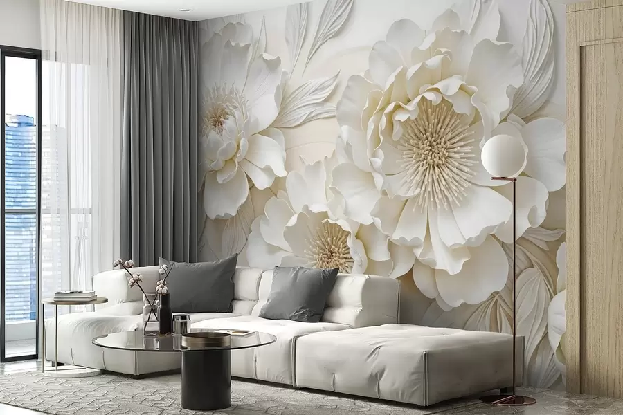 murais de parede Elegantes e volumosas flores de imitação de peónia branca com pétalas suaves e centros amarelos pastel, sobre um fundo claro w08431