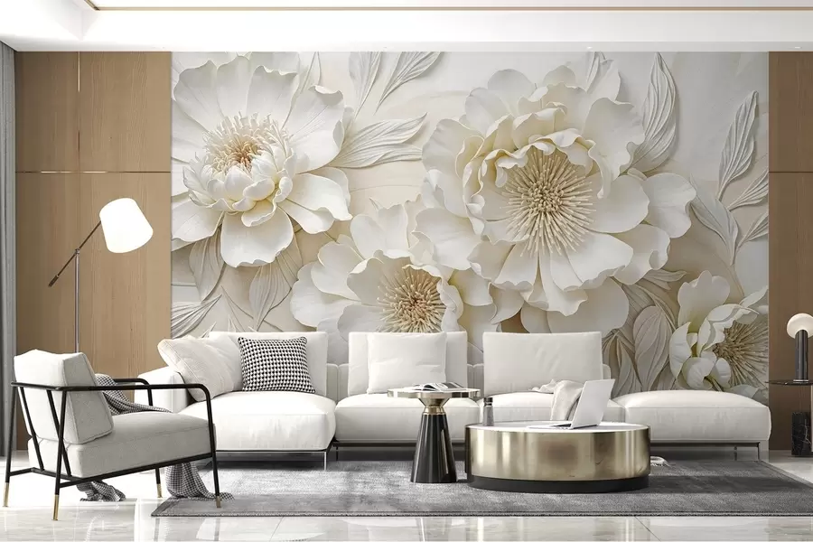 murais de parede Elegantes e volumosas flores de imitação de peónia branca com pétalas suaves e centros amarelos pastel, sobre um fundo claro w08431