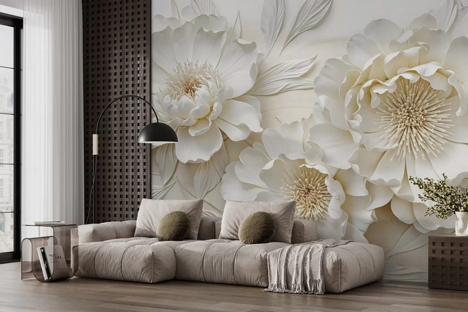 murais de parede Elegantes e volumosas flores de imitação de peónia branca com pétalas suaves e centros amarelos pastel, sobre um fundo claro w08431