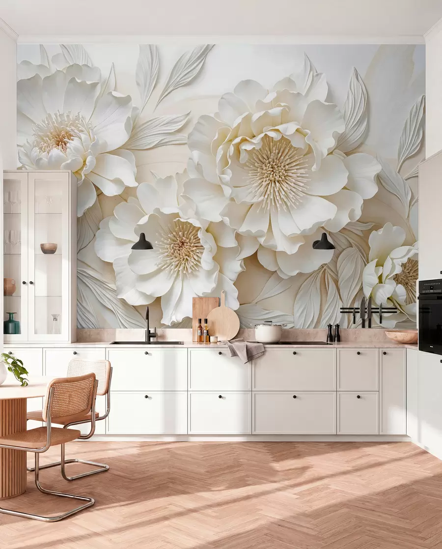 murais de parede Elegantes e volumosas flores de imitação de peónia branca com pétalas suaves e centros amarelos pastel, sobre um fundo claro w08431