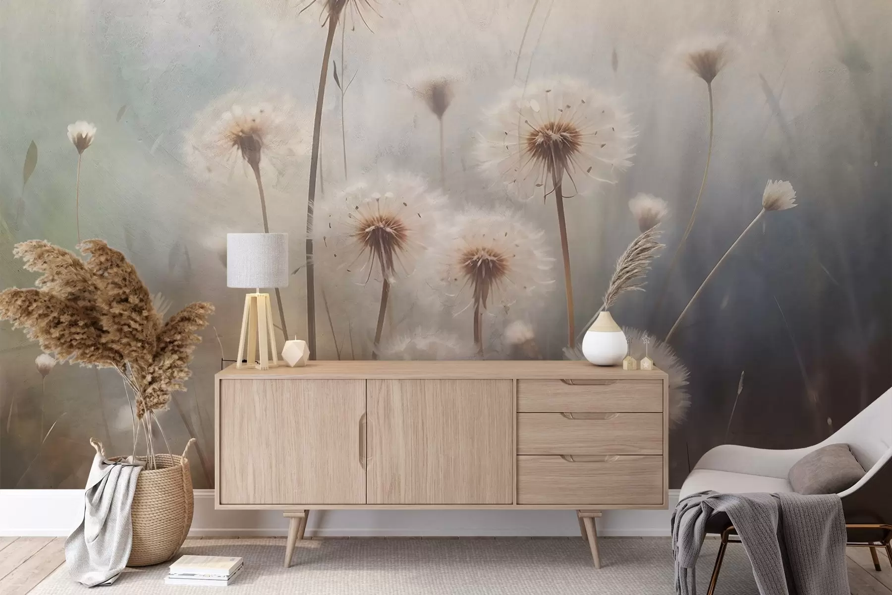 murais de parede Flores de dente-de-leão num campo, com um fundo texturado de cor pastel esbatido w08432