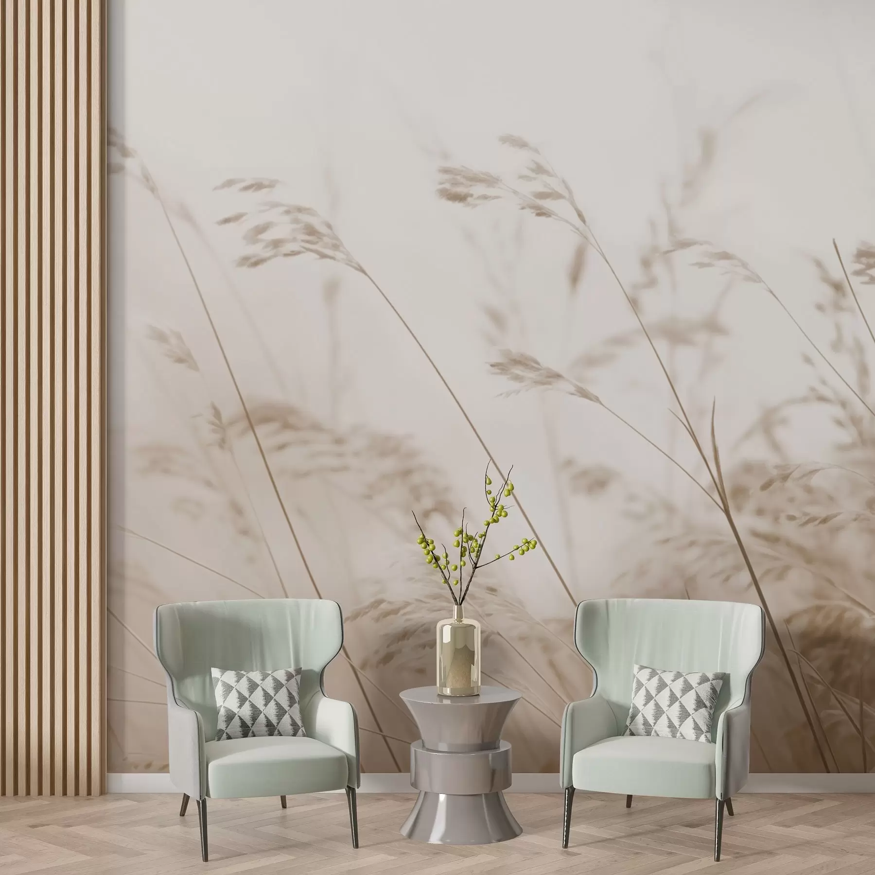 murais de parede Ervas do campo numa madrugada de nevoeiro w02250