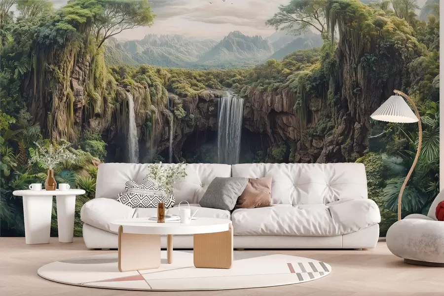 murais de parede grande panorama do desfiladeiro com árvores e uma queda de água w02294