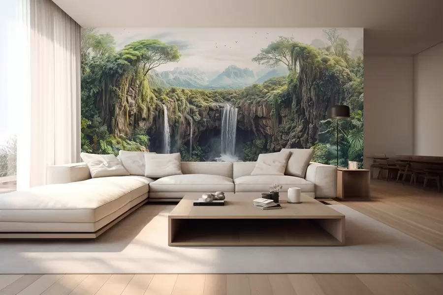 murais de parede grande panorama do desfiladeiro com árvores e uma queda de água w02294