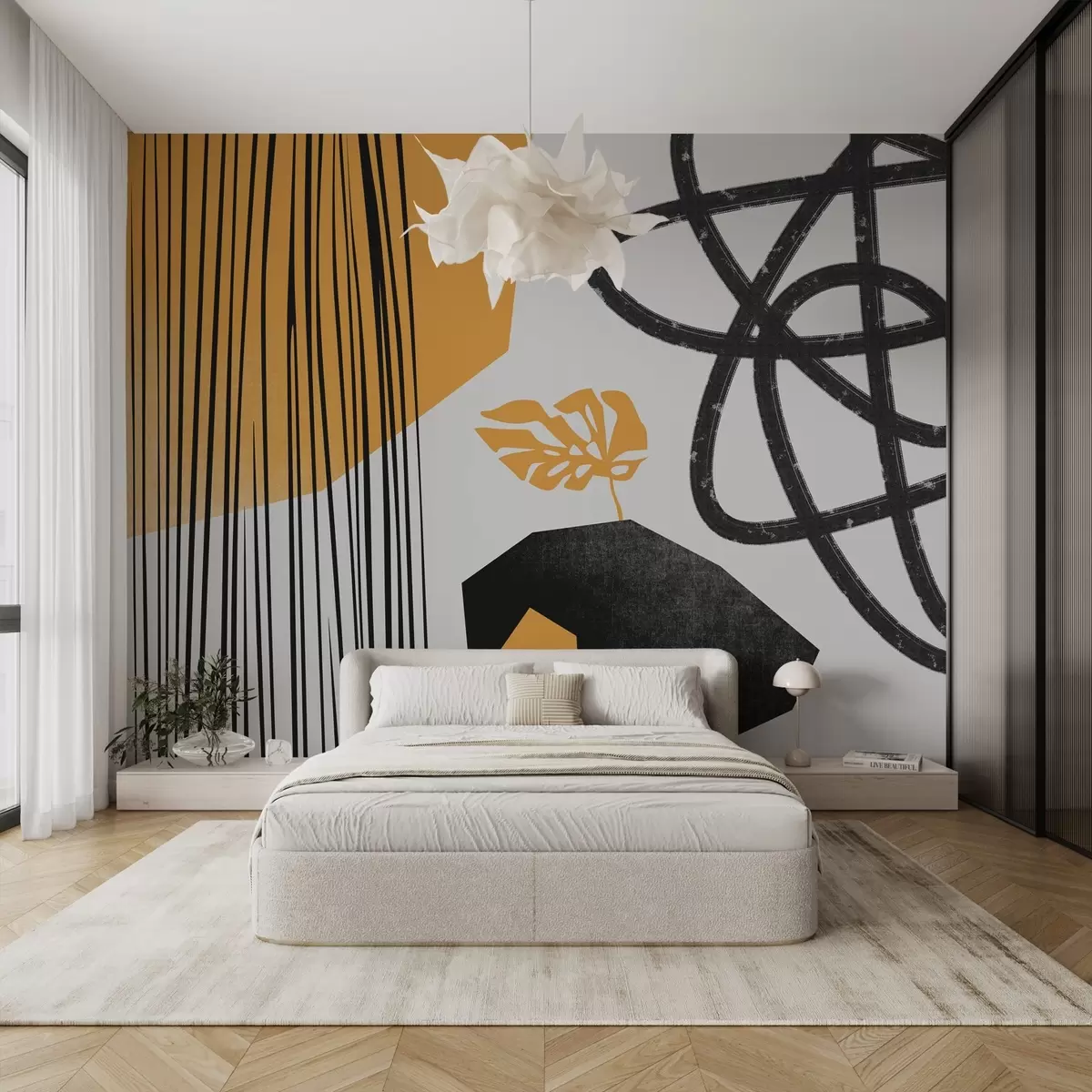 murais de parede Riscas, linhas e manchas texturadas, amarelas e pretas w02336