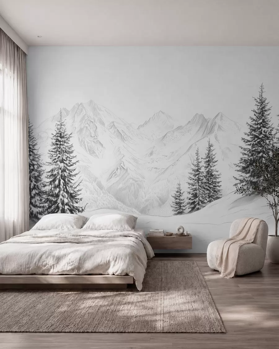 murais de parede Montanhas nevadas, desenho a lápis, minimalismo, floresta, natureza w02351