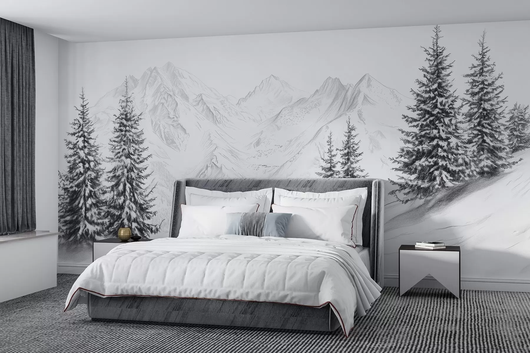 murais de parede Montanhas nevadas, desenho a lápis, minimalismo, floresta, natureza w02351
