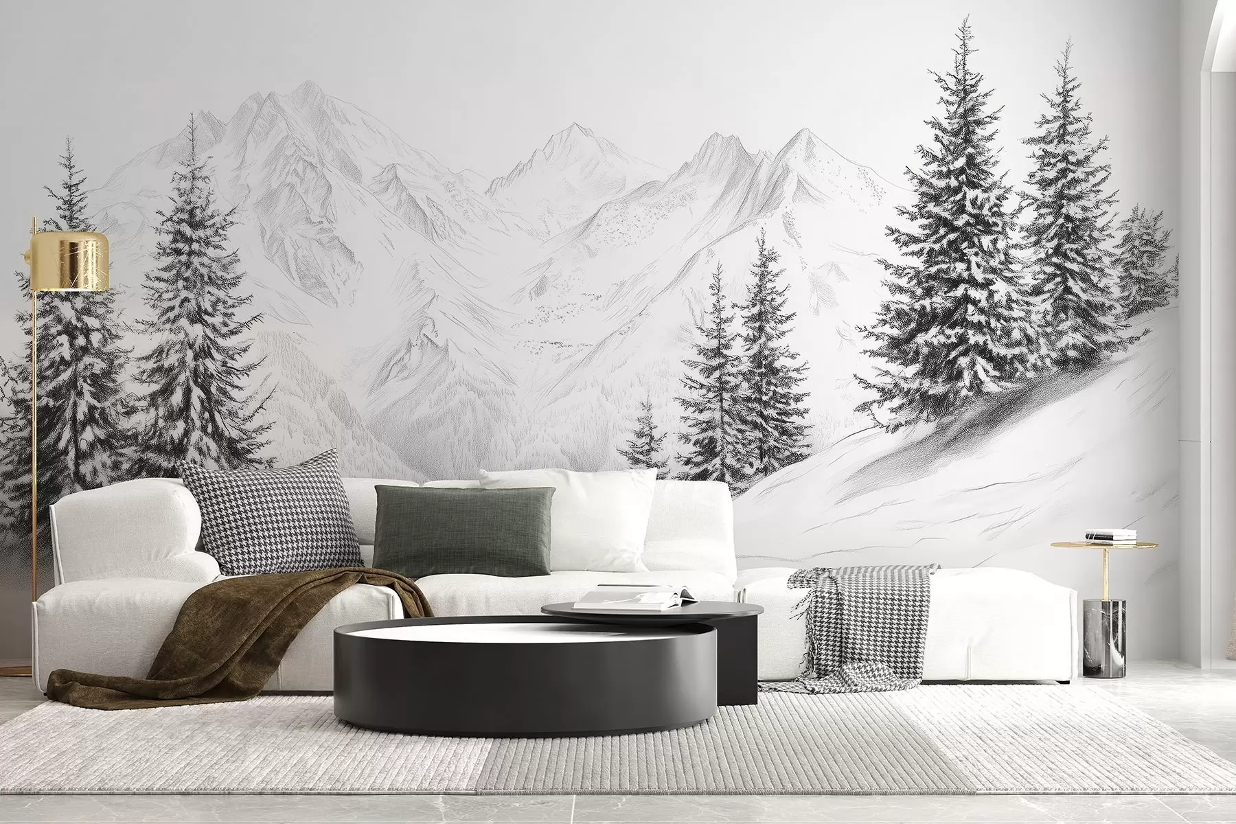 murais de parede Montanhas nevadas, desenho a lápis, minimalismo, floresta, natureza w02351