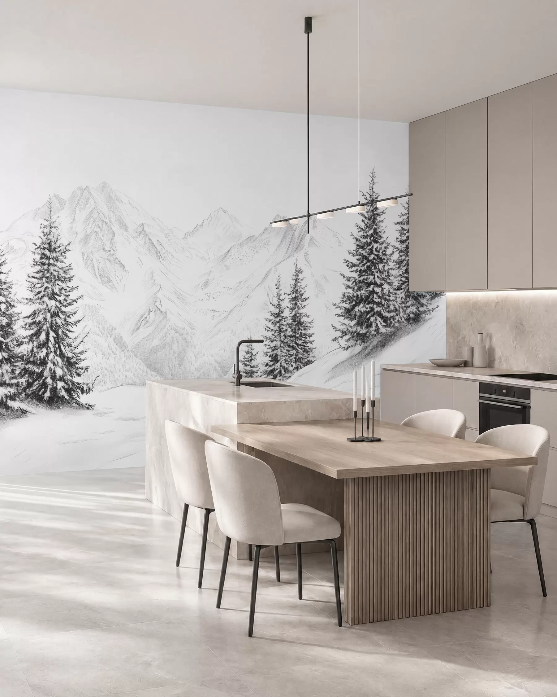 murais de parede Montanhas nevadas, desenho a lápis, minimalismo, floresta, natureza w02351
