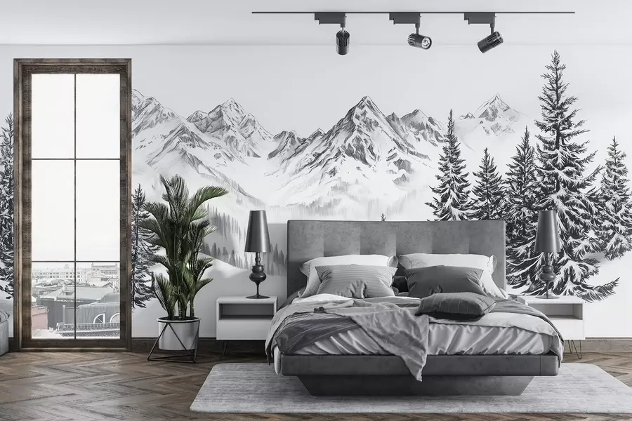 murais de parede Montanhas alpinas na neve, estilo lápis, minimalismo w02352