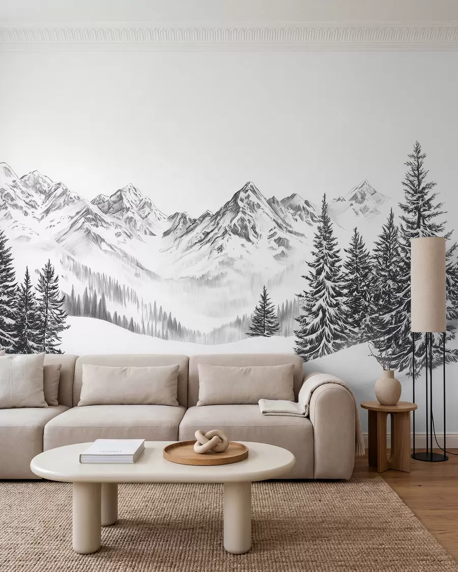 murais de parede Montanhas alpinas na neve, estilo lápis, minimalismo w02352