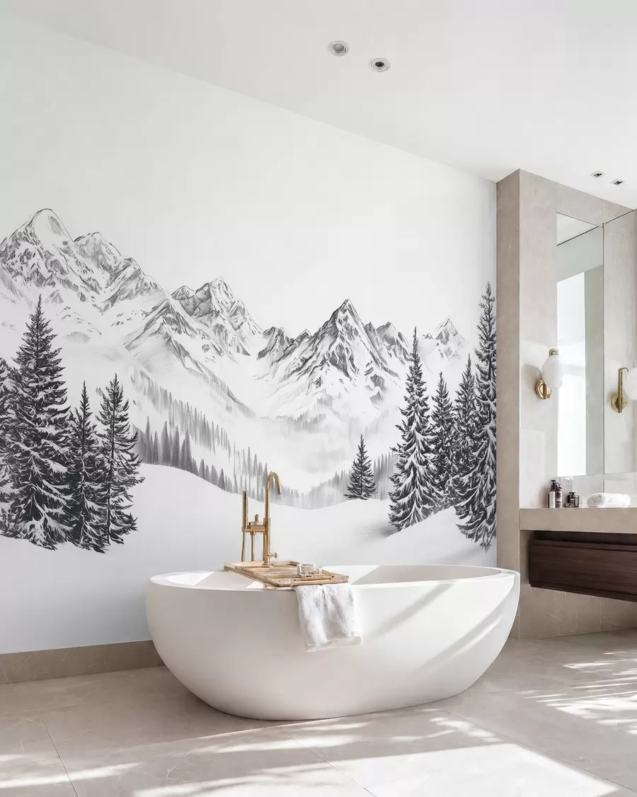 murais de parede Montanhas alpinas na neve, estilo lápis, minimalismo w02352