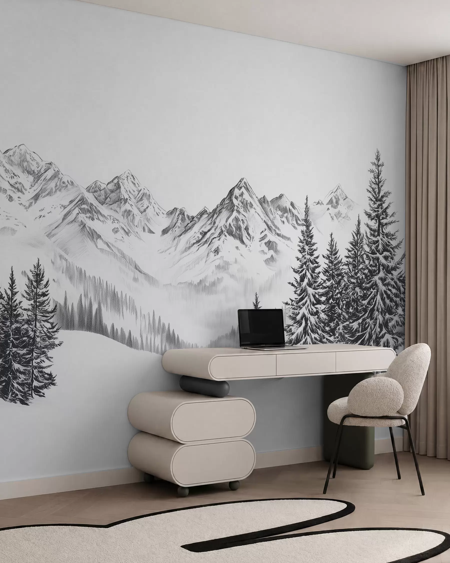 murais de parede Montanhas alpinas na neve, estilo lápis, minimalismo w02352