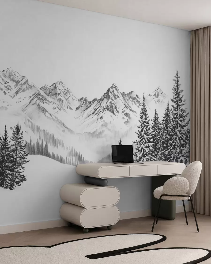 murais de parede Montanhas alpinas na neve, estilo lápis, minimalismo w02352
