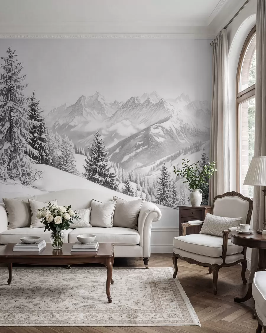 murais de parede Inverno nas montanhas, floresta, Alpes, desenho a lápis, paisagens naturais w02353