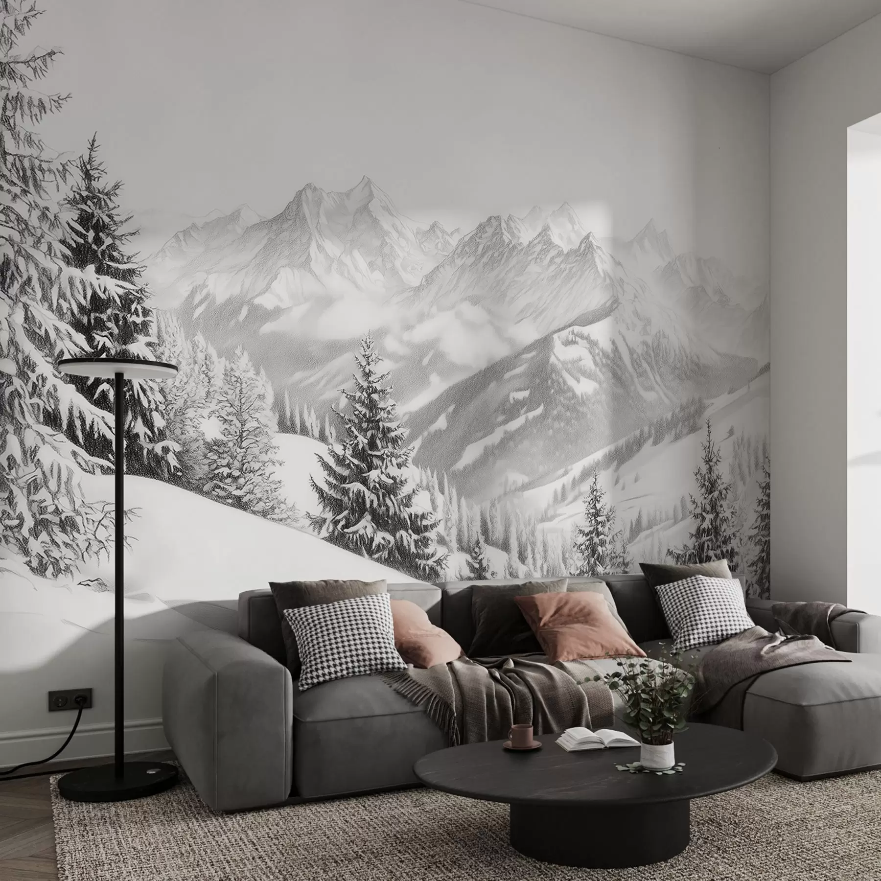 murais de parede Inverno nas montanhas, floresta, Alpes, desenho a lápis, paisagens naturais w02353