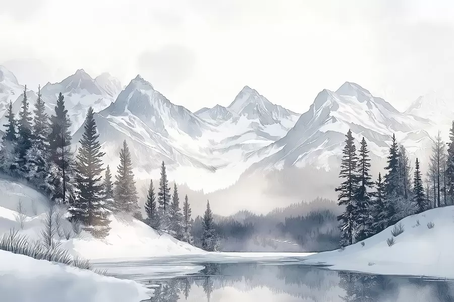 murais de parede Montanhas com lago, inverno, floresta, céu ao pôr do sol, natureza w02357