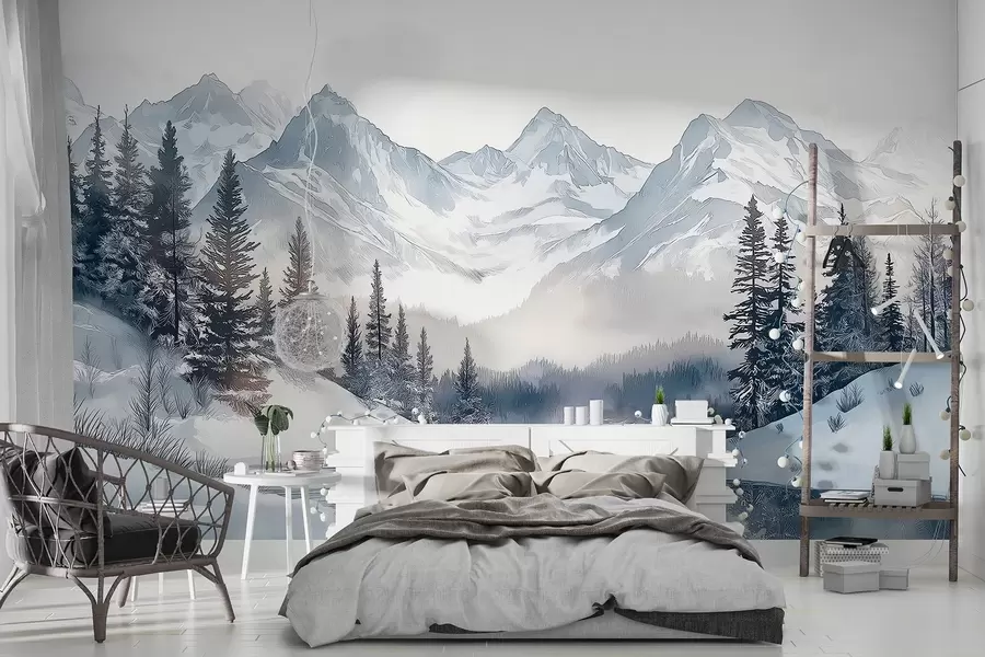 murais de parede Montanhas com lago, inverno, floresta, céu ao pôr do sol, natureza w02357