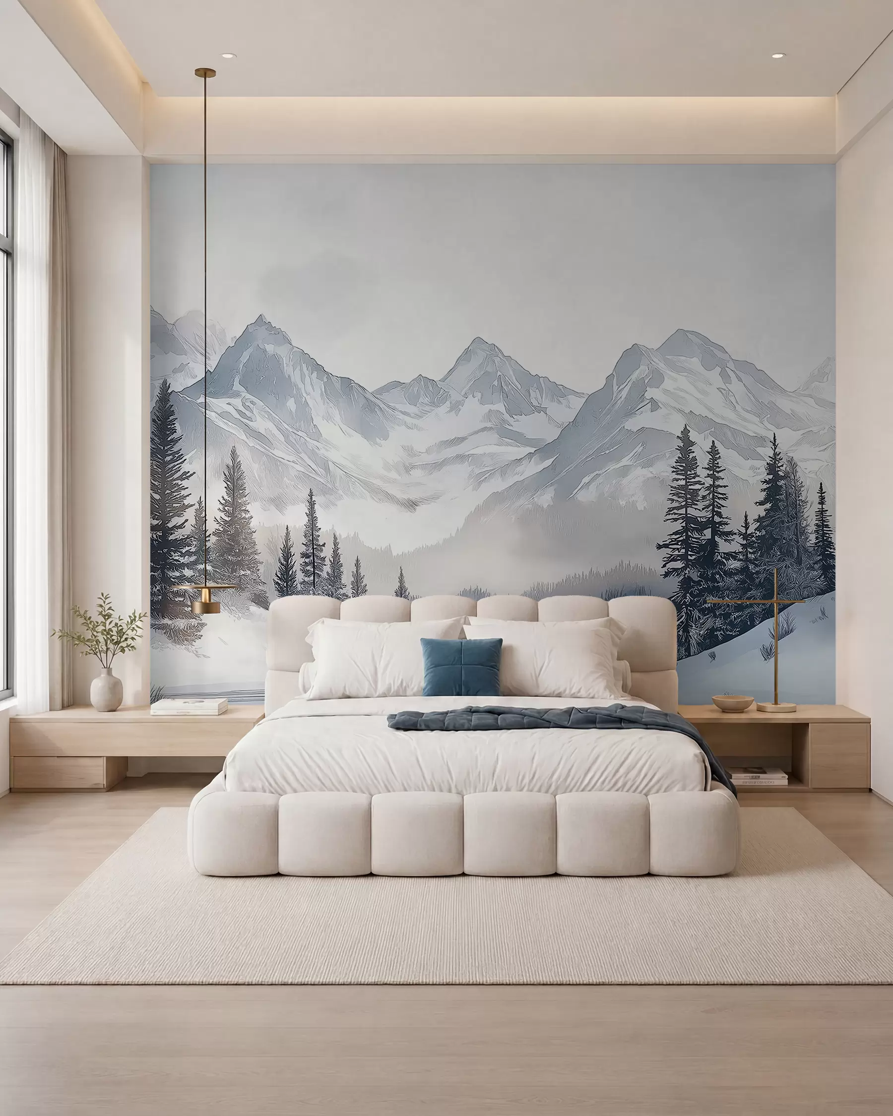 murais de parede Montanhas com lago, inverno, floresta, céu ao pôr do sol, natureza w02357