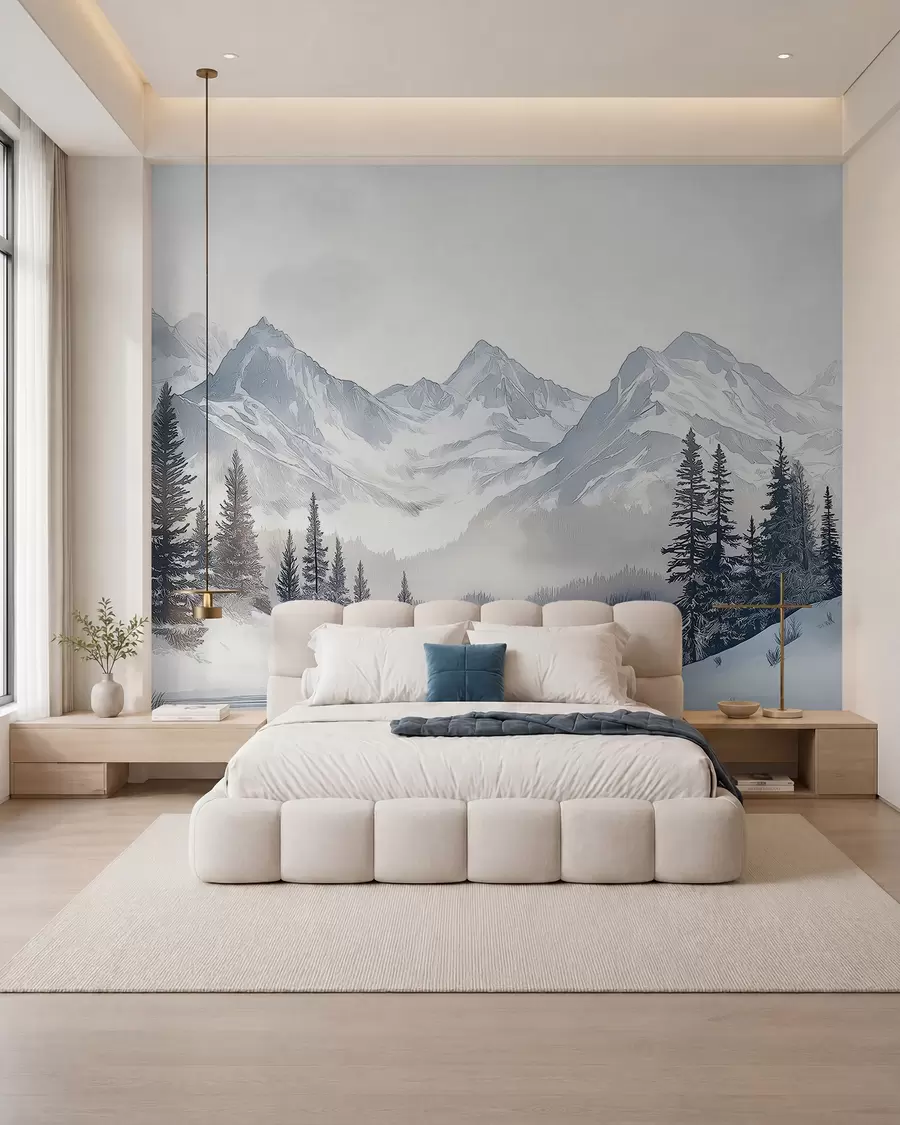 murais de parede Montanhas com lago, inverno, floresta, céu ao pôr do sol, natureza w02357