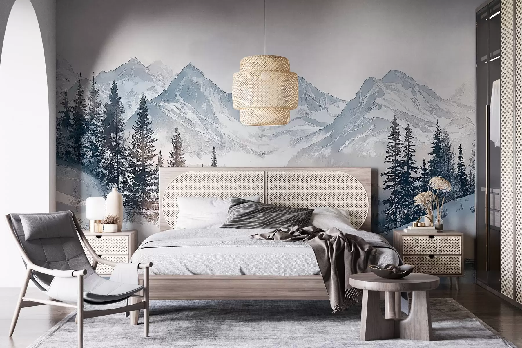 murais de parede Montanhas com lago, inverno, floresta, céu ao pôr do sol, natureza w02357