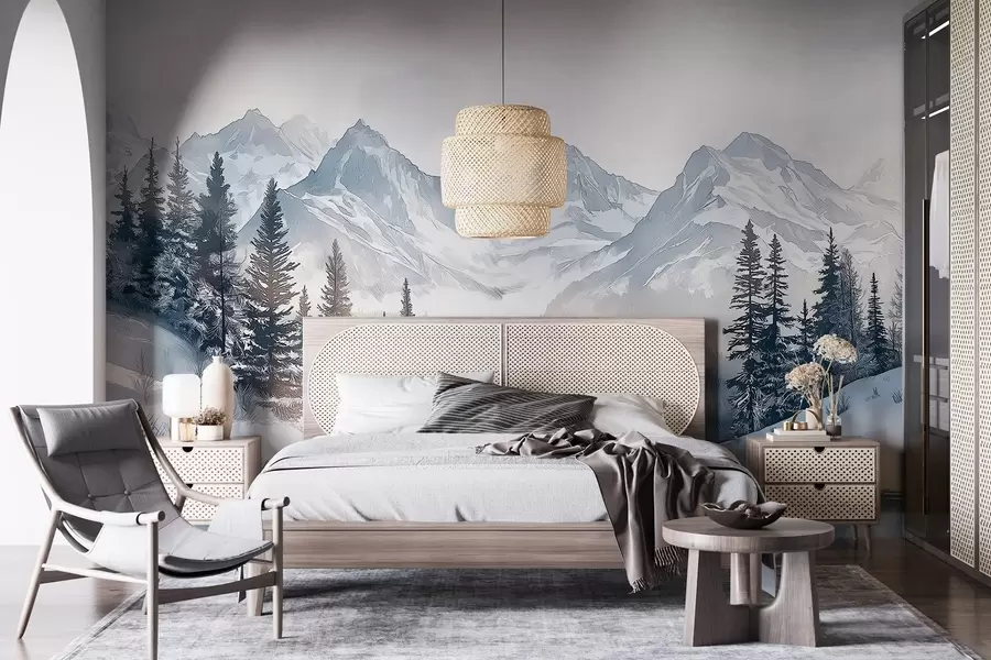 murais de parede Montanhas com lago, inverno, floresta, céu ao pôr do sol, natureza w02357