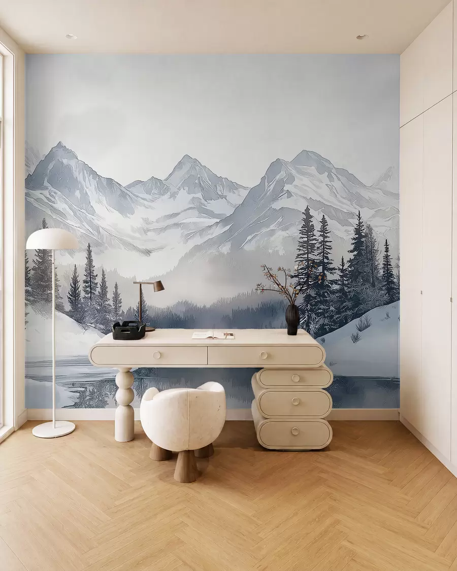 murais de parede Montanhas com lago, inverno, floresta, céu ao pôr do sol, natureza w02357