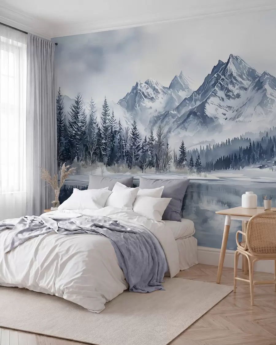 murais de parede Os Alpes na neve, floresta de inverno, lago congelado, paleta de cores azul  w02358