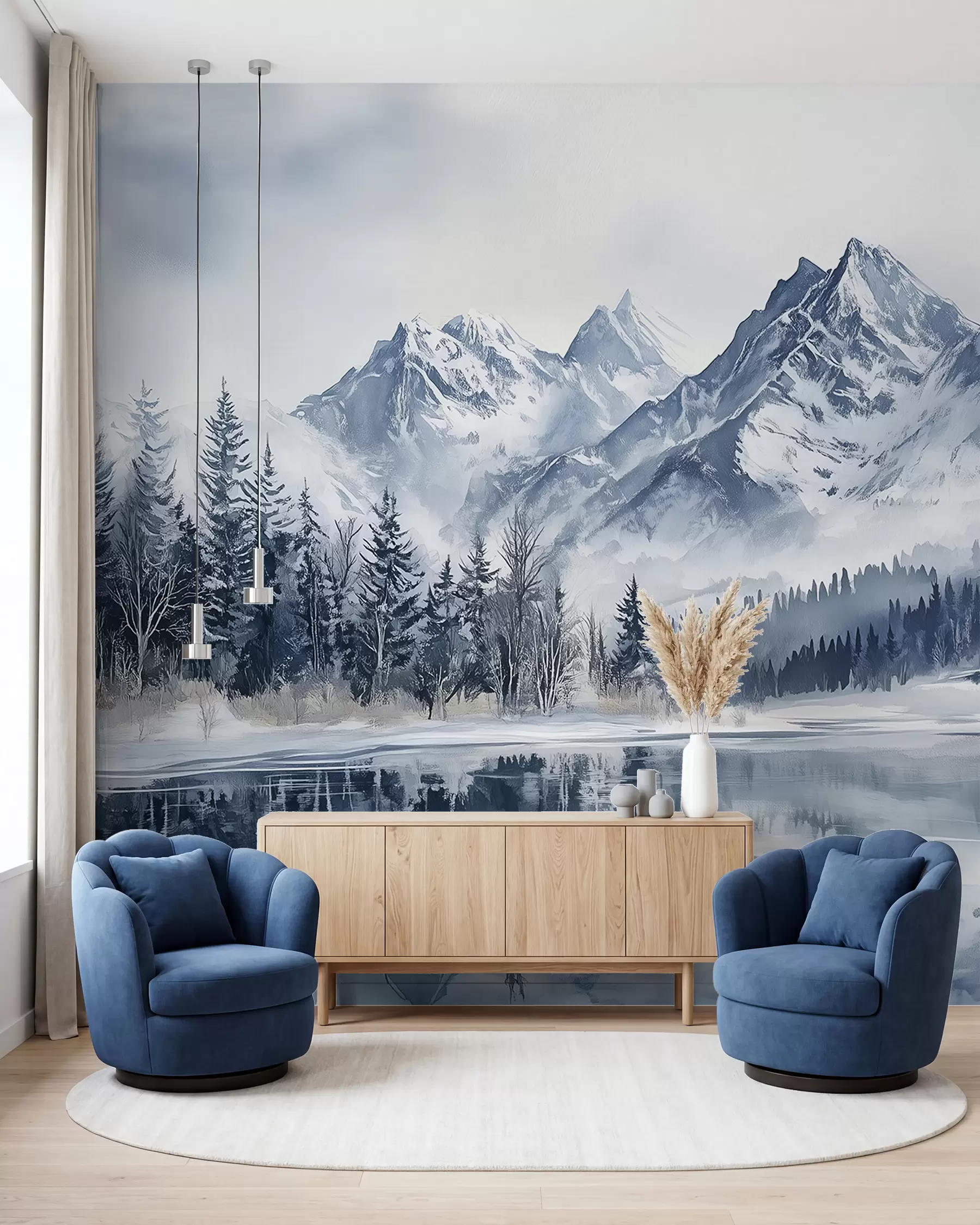 murais de parede Os Alpes na neve, floresta de inverno, lago congelado, paleta de cores azul  w02358
