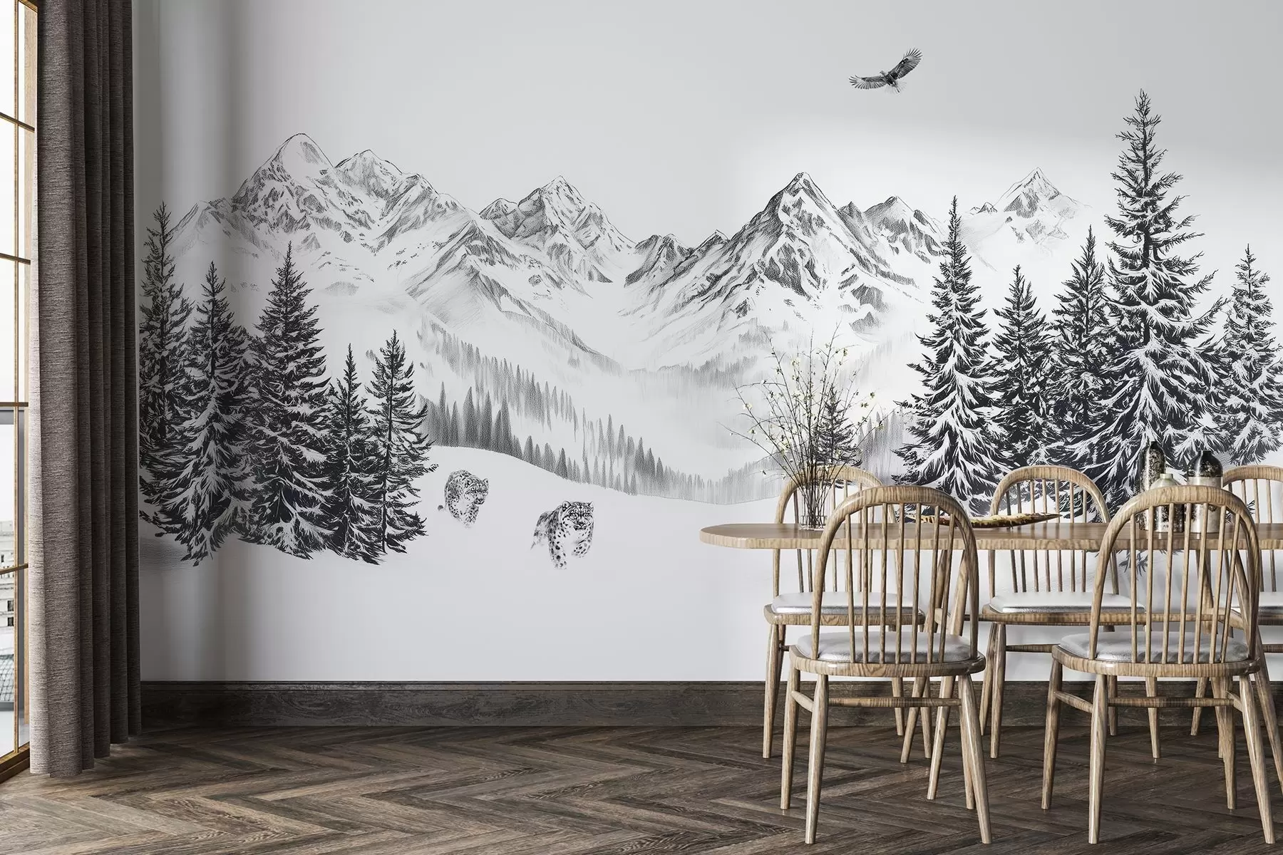 murais de parede Montanhas de inverno, leopardos da neve, floresta de pinheiros, desenho a lápis, águia voadora w02360