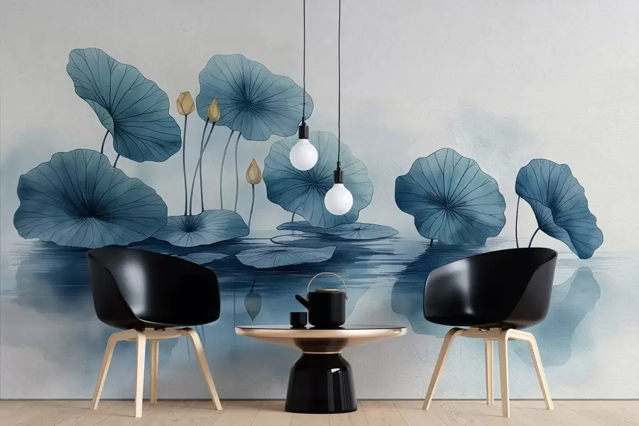 murais de parede Folhas de lótus sobre a água num muro de betão w02011